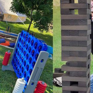 Two pictures of a man playing with a stack of blocks at a Texas party rental.