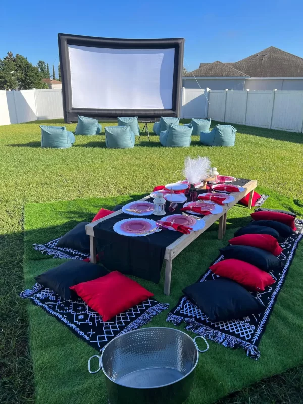 A Texas backyard movie set up with pillows and a movie screen from a party rental.