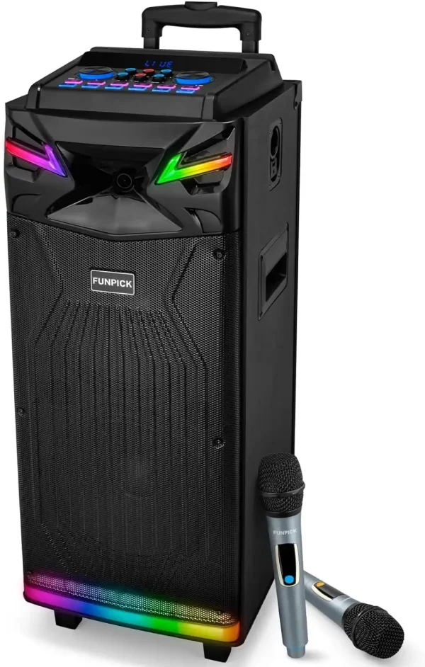 A black portable karaoke system with a microphone, perfect for party rental in Texas.