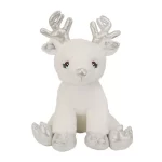 A white stuffed reindeer with silver antlers available for party rental in Texas.