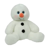 A white snowman stuffed animal sitting on a white background, available for party rental in Texas.