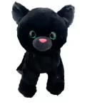 A black stuffed cat with green eyes, perfect for party rental in Texas.